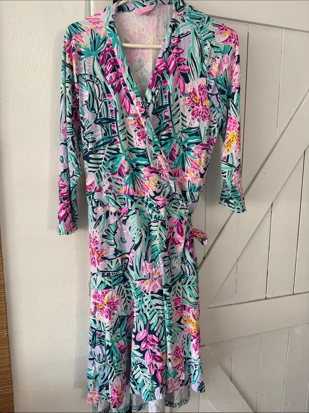 Lilly Pulitzer Pink & Teal Tropical Wrap High-Low Dress. XL